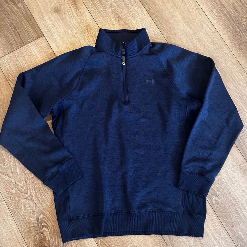Under Armour Mens ColdGear Quarter Zip Pullover Navy Blue Heather Loose Fit LG